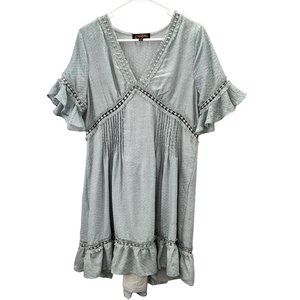 PetalRoz Dress S Loose Flowy Boho Fringe Ruffle Flutter Sleeve Lagenlook Blue